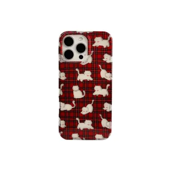 Sopi Acrylic Material Red Plaid Little White Cat Phone Cases Compatible With IPhone 16/15 Pro Max/Apple 13/14 Pro/Max