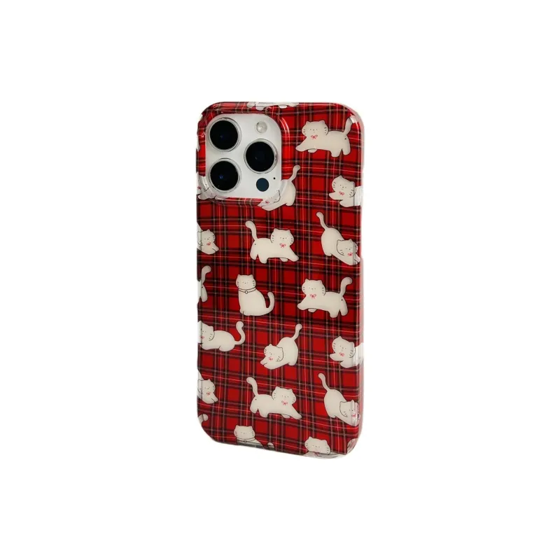 Sopi Acrylic Material Red Plaid Little White Cat Phone Cases Compatible With IPhone 16/15 Pro Max/Apple 13/14 Pro/Max-2