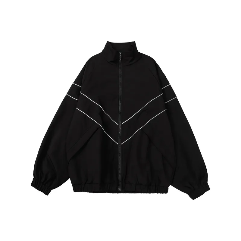 TESTUNG Trendy Line Stand Collar Raglan Loose Fit Zip Up Jackets Coat Men's-0
