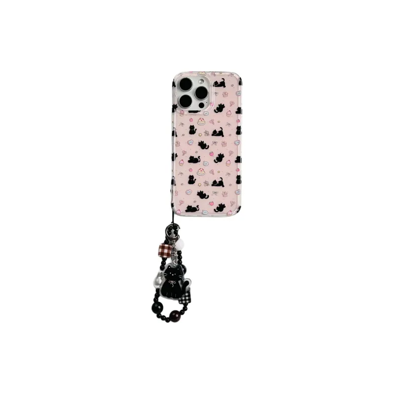 Sopi Acrylic Material Pink Base Dessert Black Cat Phone Cases Compatible With IPhone 16/15 Pro Max/Apple 13/14 Pro/Max-5