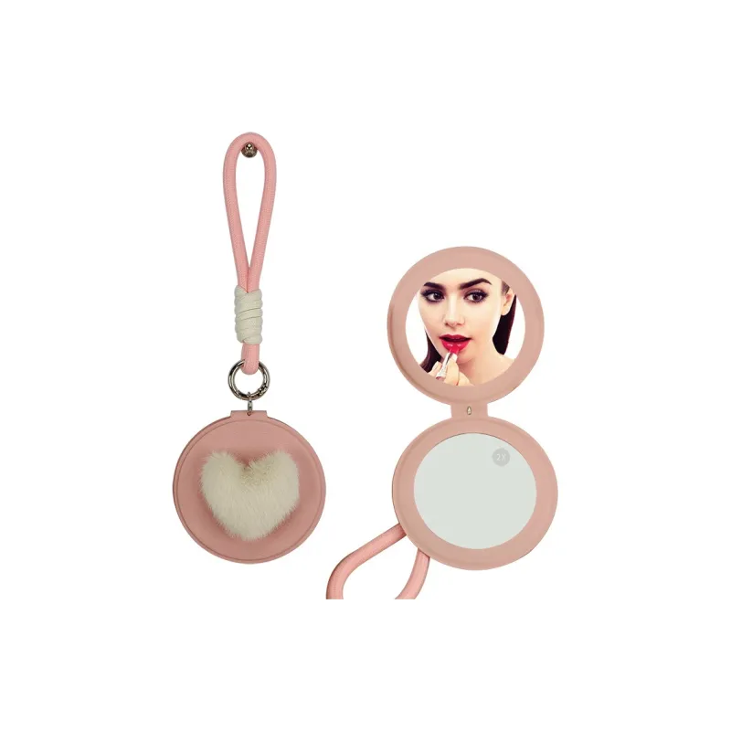 XIBI Heart Pom Pom Pocket Mirror PU Leather Double Sided Foldable Small Mirror Large Size Round Makeup Mirror-4