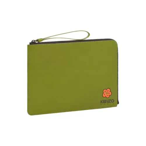 KENZO Cow Leather Wallets Clutches Large Size Unisex Green