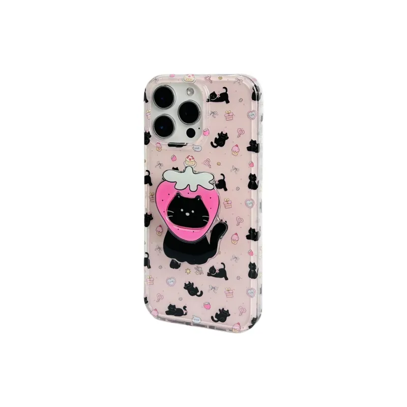 Sopi Acrylic Material Pink Base Dessert Black Cat Phone Cases Compatible With IPhone 16/15 Pro Max/Apple 13/14 Pro/Max-8
