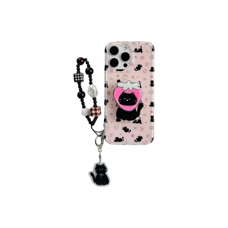 Sopi Acrylic Material Pink Base Dessert Black Cat Phone Cases Compatible With IPhone 16/15 Pro Max/Apple 13/14 Pro/Max-1