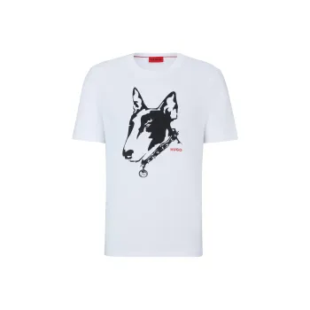 HUGO BOSS Cotton Jersey T Shirt With Dog Artwork T Shirt Men's White