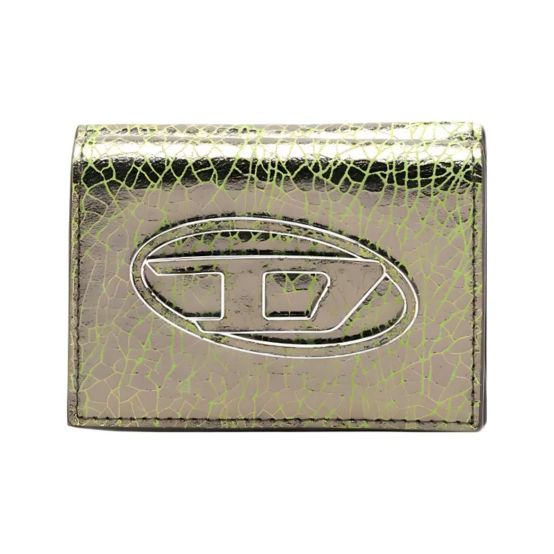 DIESEL Cow Leather Card Holder Wallet Extra Small Women's Gunmetal/Lime Green-0