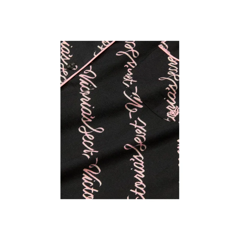 Victoria's Secret Flannel Long Pajama Set / Black Ribbon Script Pajama Set Women's Black-1