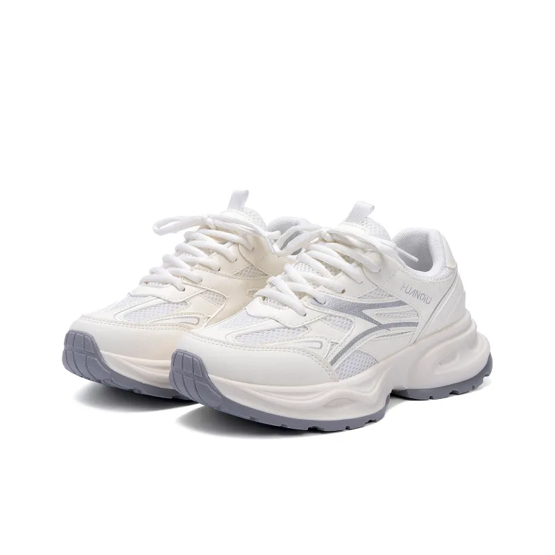 HUANQIU Height Increasing Slip Resistant Low Top Chunky Sneakers Women's Beige Silver-4