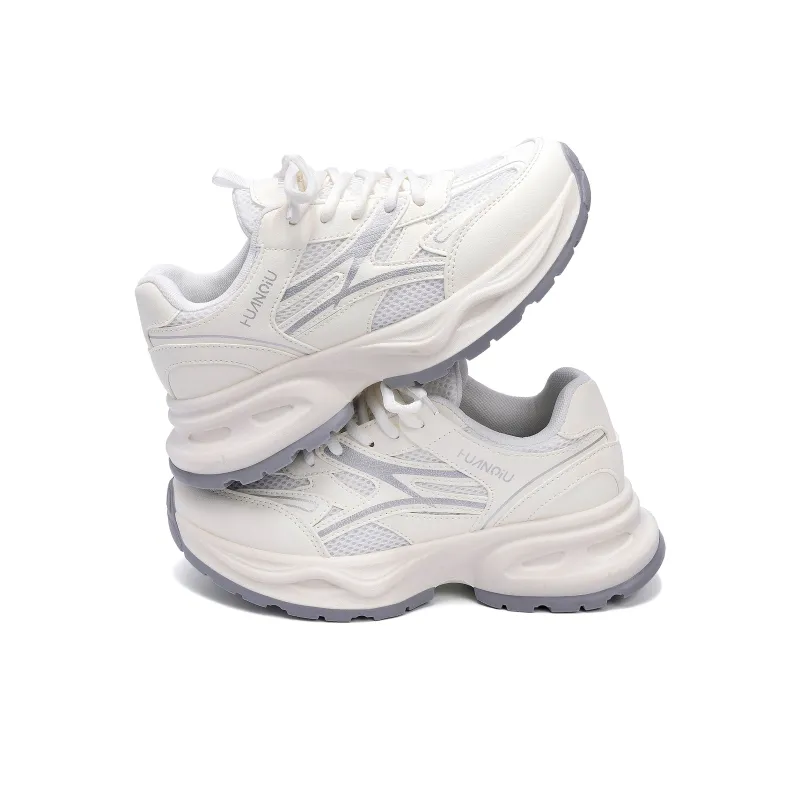 HUANQIU Height Increasing Slip Resistant Low Top Chunky Sneakers Women's Beige Silver-2