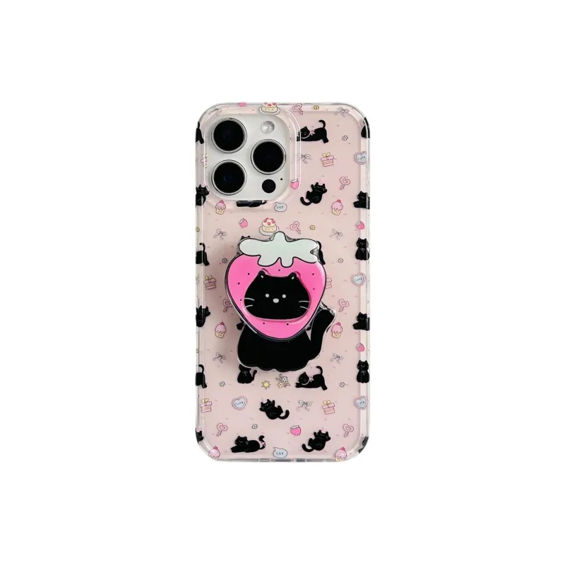 Sopi Acrylic Material Pink Base Dessert Black Cat Phone Cases Compatible With IPhone 16/15 Pro Max/Apple 13/14 Pro/Max-6