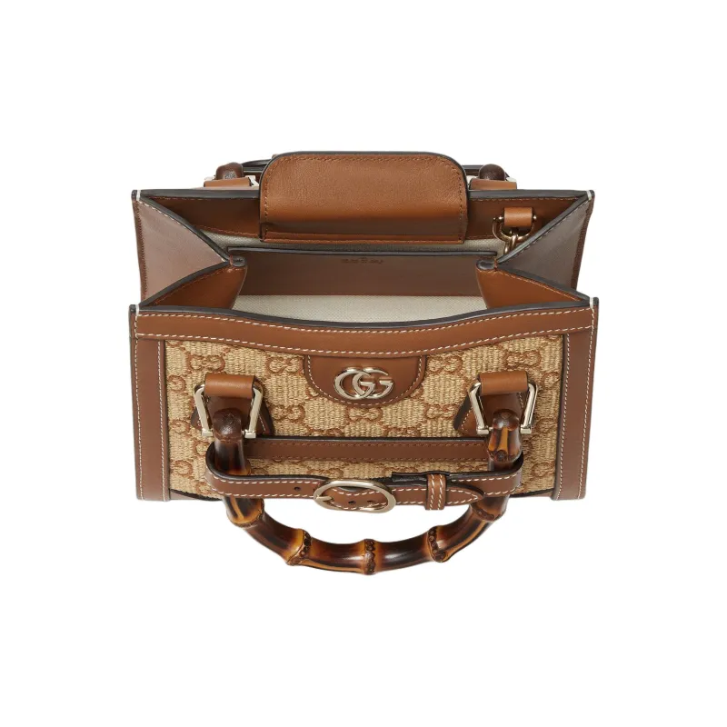 GUCCI Diana Raffia Tote Bag Shopping Bag Shoulder Bag Crossbody Bag Handbag Mini Women's Brown-4