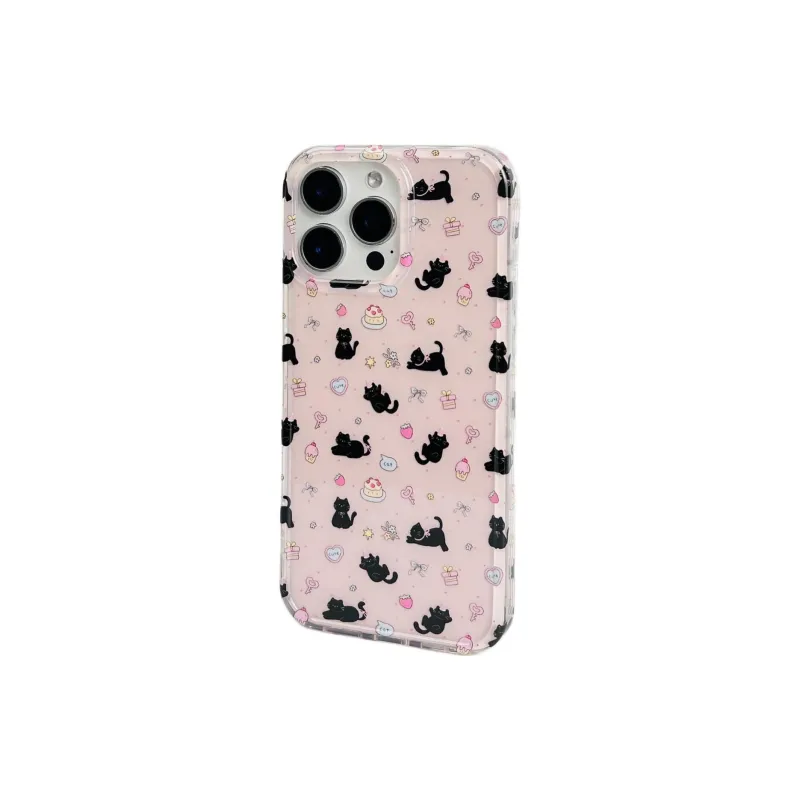 Sopi Acrylic Material Pink Base Dessert Black Cat Phone Cases Compatible With IPhone 16/15 Pro Max/Apple 13/14 Pro/Max-12