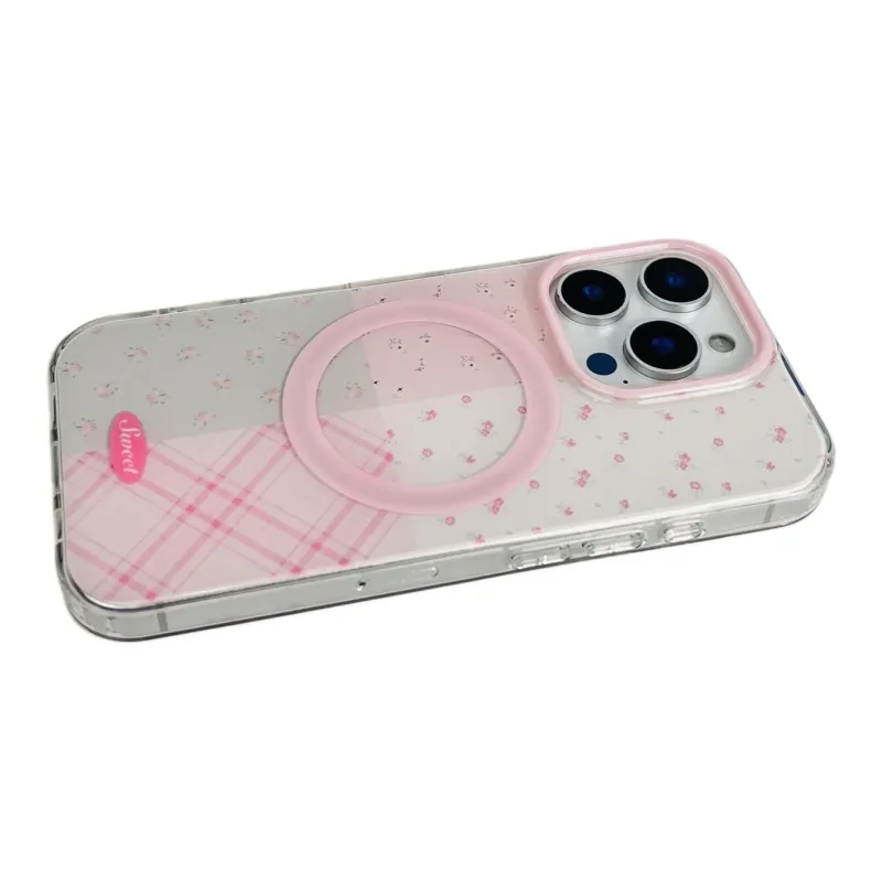 Sopi Acrylic Material Ins Patchwork Pink Floral Phone Cases Compatible With IPhone 16/15 Pro Max/Apple 13/14 Pro/Max-7
