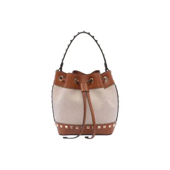 Valentino Rockstud Fabric Bucket Bags One Shoulder Handbags Women's Brown & Beige