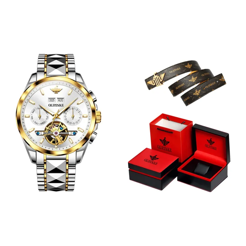 Oupinke Mechanical Movement Stainless Steel Watchband Watch Men's Watches White Dial-0