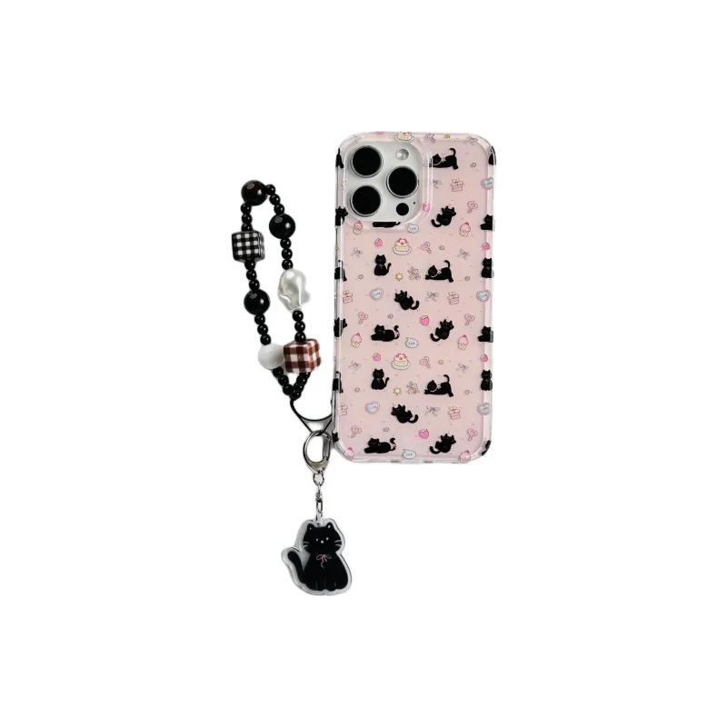 Sopi Acrylic Material Pink Base Dessert Black Cat Phone Cases Compatible With IPhone 16/15 Pro Max/Apple 13/14 Pro/Max-4