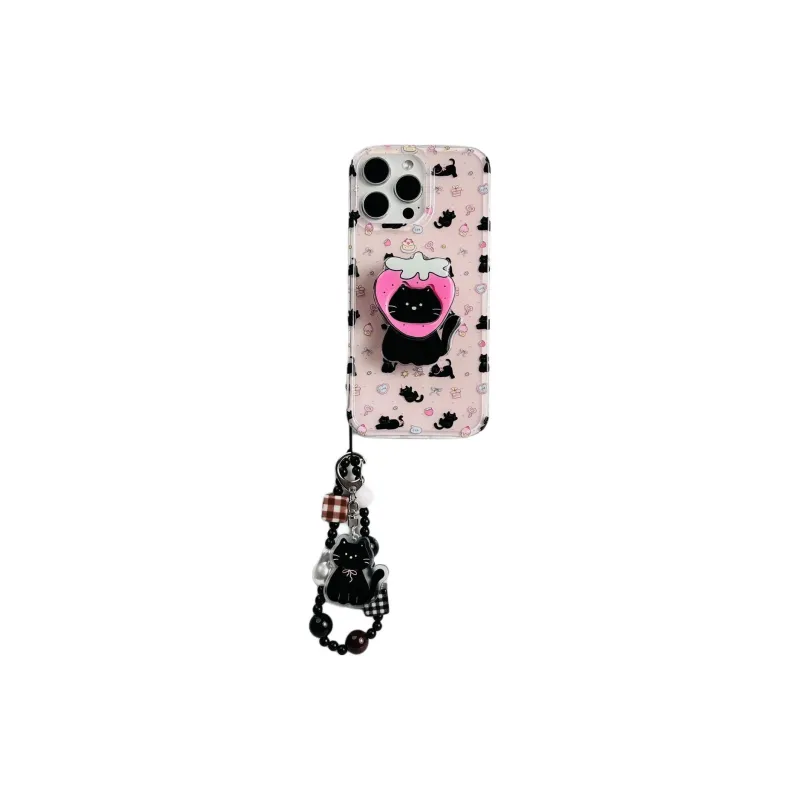 Sopi Acrylic Material Pink Base Dessert Black Cat Phone Cases Compatible With IPhone 16/15 Pro Max/Apple 13/14 Pro/Max-2