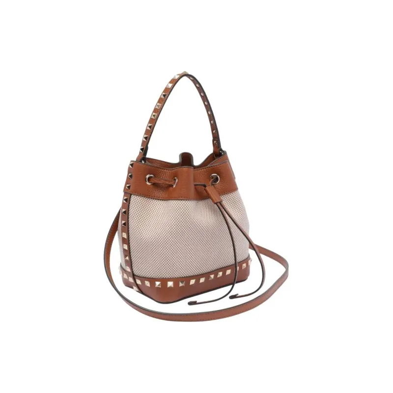 Valentino Rockstud Fabric Bucket Bags One Shoulder Handbags Women's Brown & Beige-1