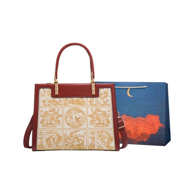 Elsvet PU Handbag Regular Women's Jacquard Red/Embroidery White-3