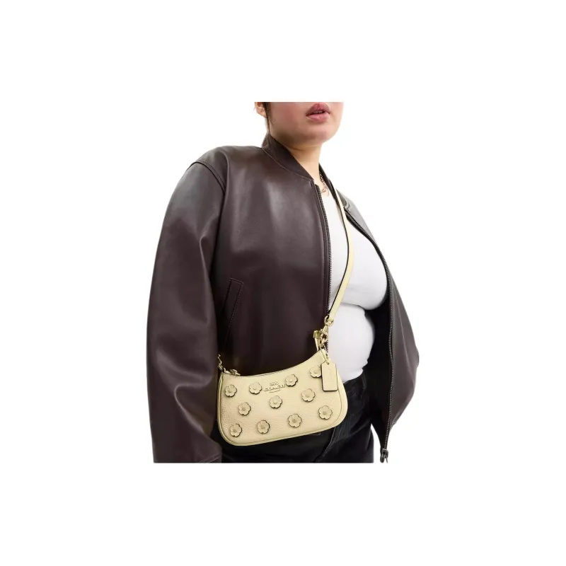 COACH Teri Leather Shoulder Bag, Crossbody Bag Mini Women's Beige Yellow-5