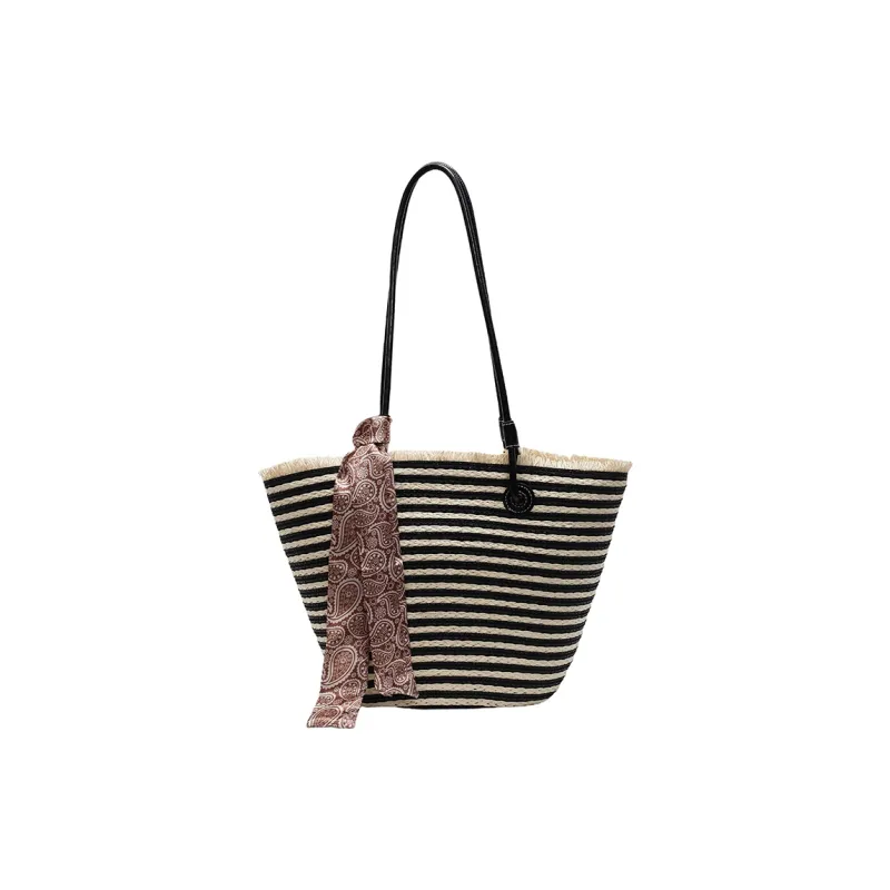Yalu Straw Woven Shoulder Bag Women's Black/Khaki-6