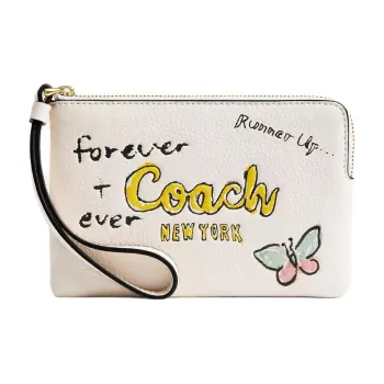 COACH Corner Zip Pebbled Leather Wallet Small Size Women's Gold & Chalk Multicolor