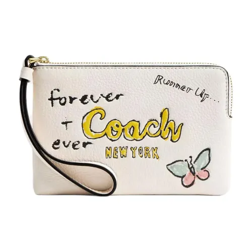 COACH Corner Zip Pebbled Leather Wallet Small Size Women's Gold & Chalk Multicolor