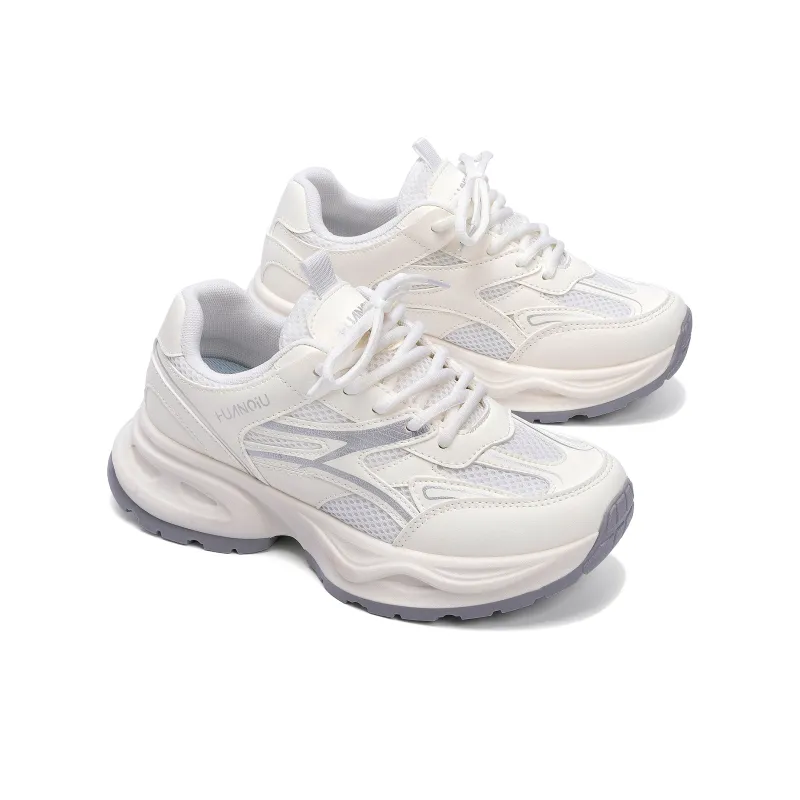 HUANQIU Height Increasing Slip Resistant Low Top Chunky Sneakers Women's Beige Silver-3