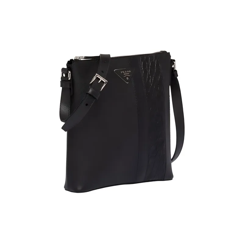 PRADA Saffiano Crocodile Leather Trim Shoulder Bag Crossbody Bag Regular Men's Black-1