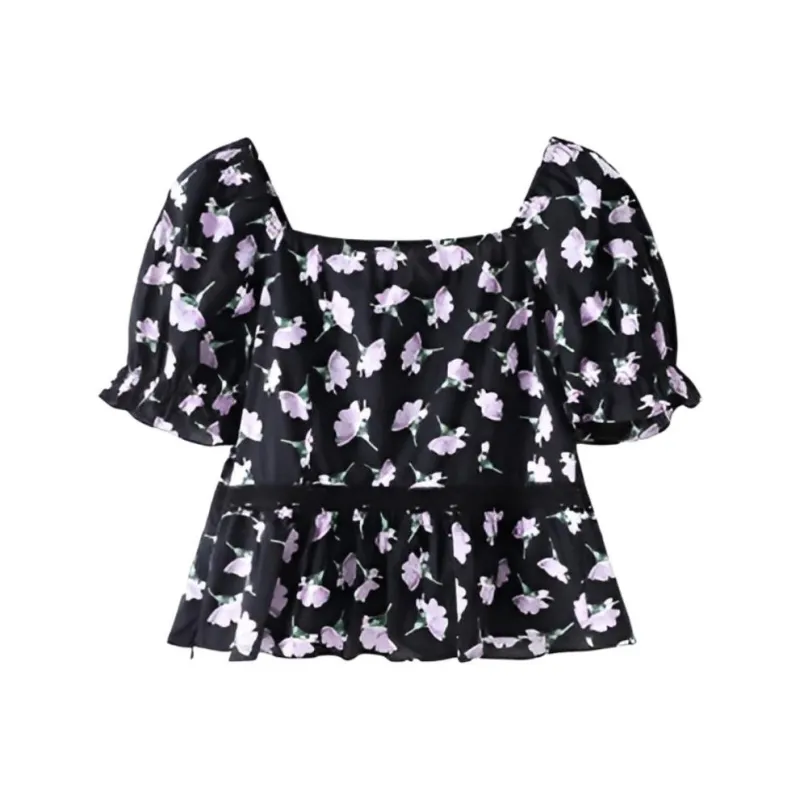 PLANE DRIFT Shirt Women's Black With Purple Floral-1