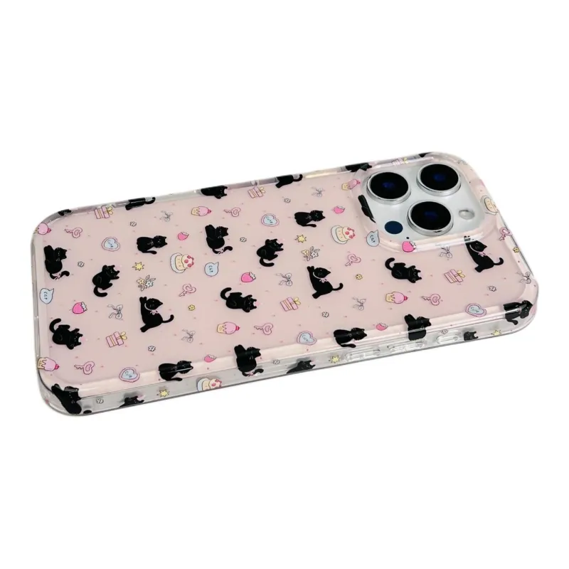 Sopi Acrylic Material Pink Base Dessert Black Cat Phone Cases Compatible With IPhone 16/15 Pro Max/Apple 13/14 Pro/Max-13