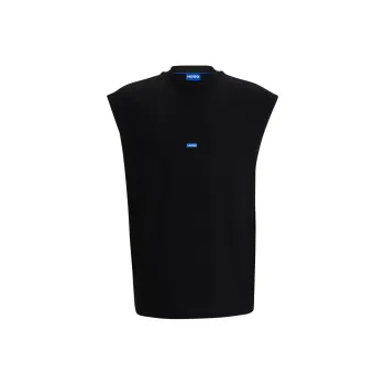 HUGO BOSS Sleeveless Cotton Jersey T Shirt With Blue Logo Label T Shirt Men's Black