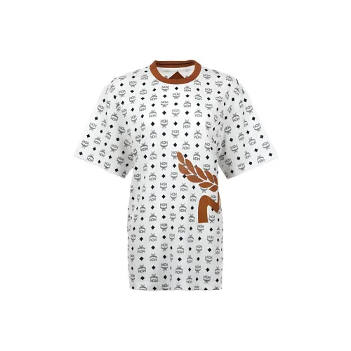 MCM SS24 All Over Letter Print Short Sleeve T Shirt White