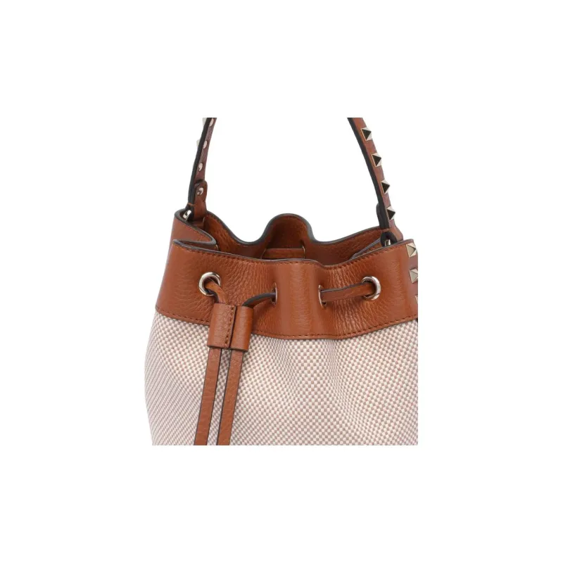 Valentino Rockstud Fabric Bucket Bags One Shoulder Handbags Women's Brown & Beige-3