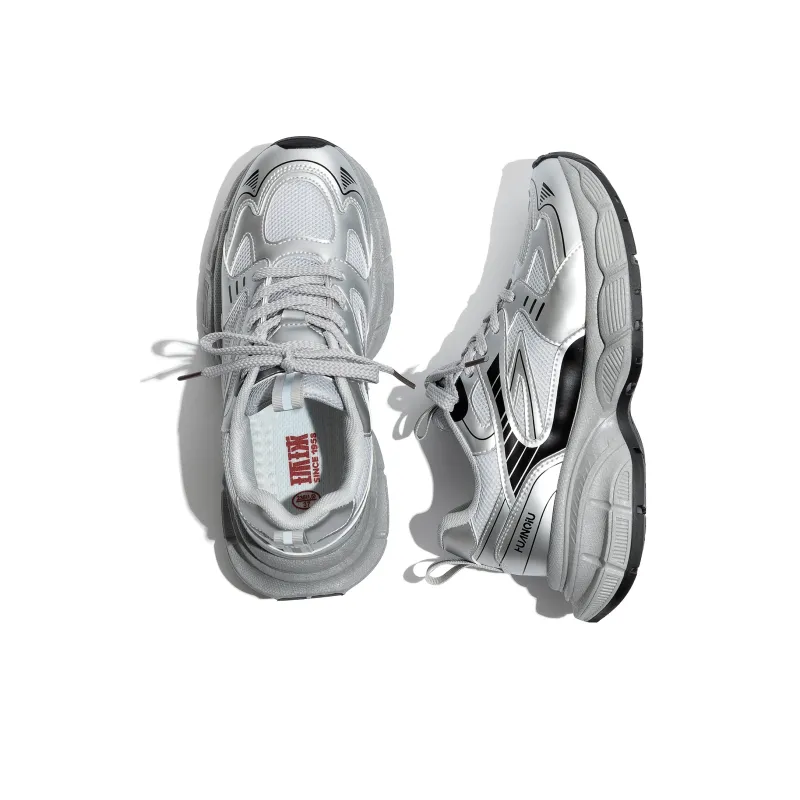 HUANQIU Breathable Lightweight Height Increasing Low Top Chunky Sneakers Women's Silver-5