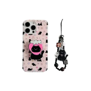 Sopi Acrylic Material Pink Base Dessert Black Cat Phone Cases Compatible With IPhone 16/15 Pro Max/Apple 13/14 Pro/Max