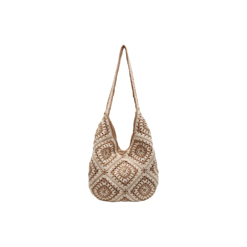 NOMK Straw Woven Shoulder Bag Women's Black/Khaki/Ecru-3