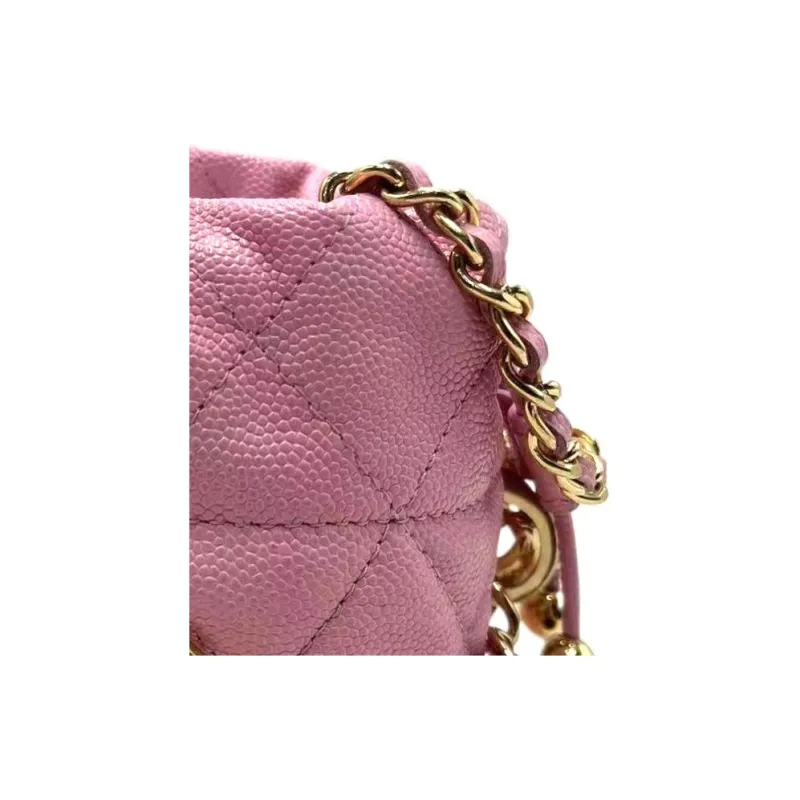 CHANEL Litchi Grain Embossed Calfskin Bucket Bag, One Shoulder Crossbody Clutch Women's Pink-4
