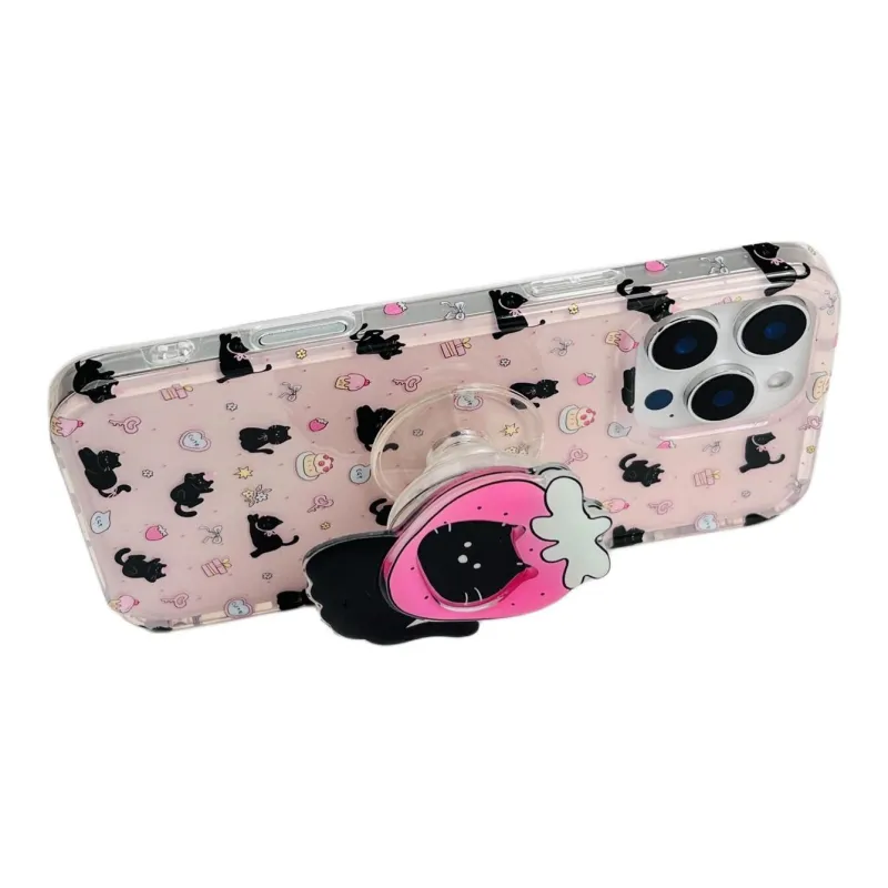 Sopi Acrylic Material Pink Base Dessert Black Cat Phone Cases Compatible With IPhone 16/15 Pro Max/Apple 13/14 Pro/Max-9