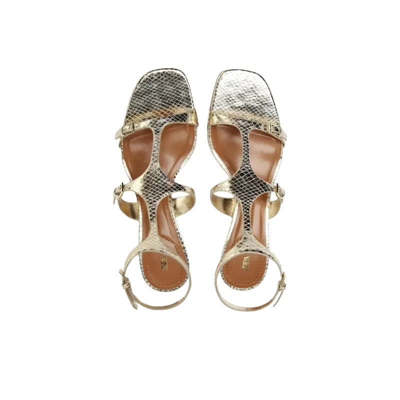 ZARA One Strap Sandals 4cm Women's Gold-3