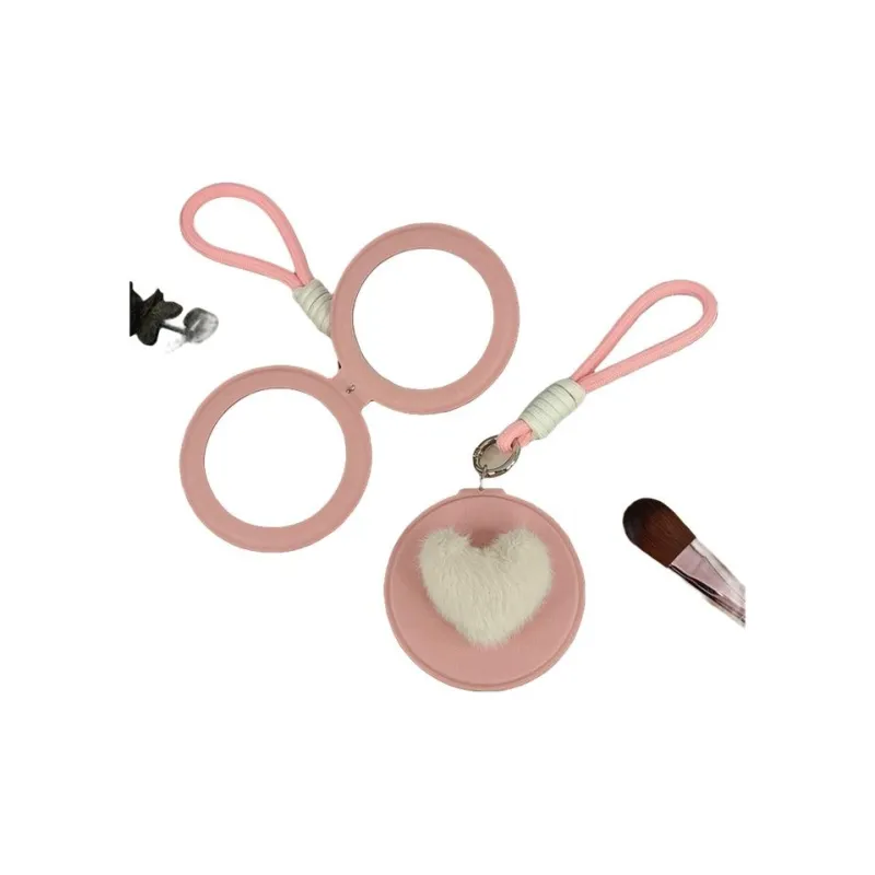 XIBI Heart Pom Pom Pocket Mirror PU Leather Double Sided Foldable Small Mirror Large Size Round Makeup Mirror-1