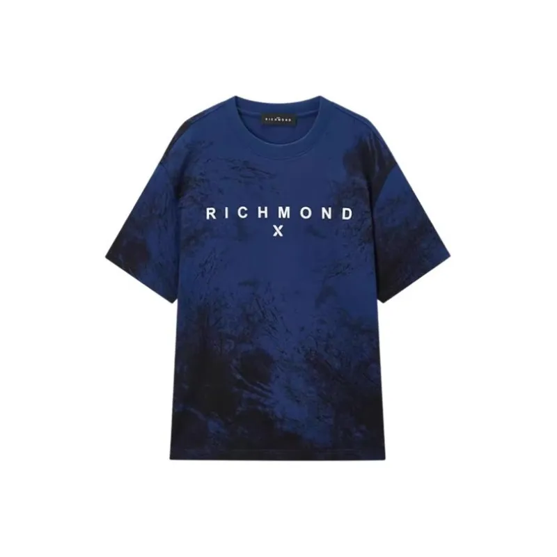 JOHN RICHMOND Color Blocking LOGO Print Ink Splatter Marbled Loose Fit Crew Neck Short Sleeved T Shirt Men's-3