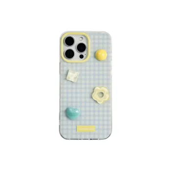 Sopi Acrylic Material Blue Plaid Floral Gemstone Phone Cases Compatible With IPhone 16/15 Pro Max/Apple 13/14 Pro/Max