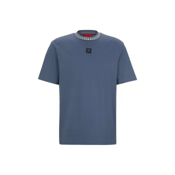 HUGO BOSS Interlock Cotton T Shirt With Chain Print Collar T Shirt Men's Blue