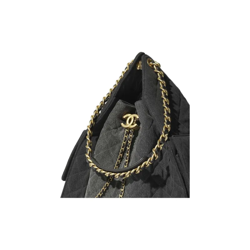 CHANEL 25Bag Washed Denim Shoulder Bag Medium Size Women's Black-3