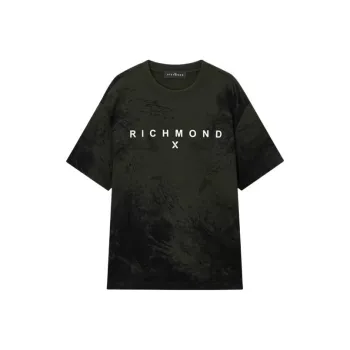 JOHN RICHMOND Color Blocking LOGO Print Ink Splatter Marbled Loose Fit Crew Neck Short-Sleeved T-Shirt Men's