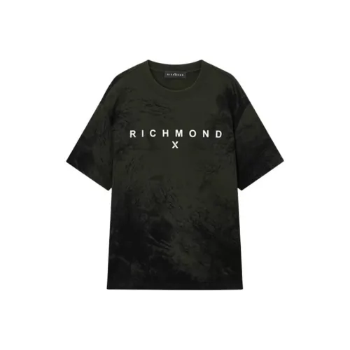 JOHN RICHMOND Color Blocking LOGO Print Ink Splatter Marbled Loose Fit Crew Neck Short Sleeved T Shirt Men's