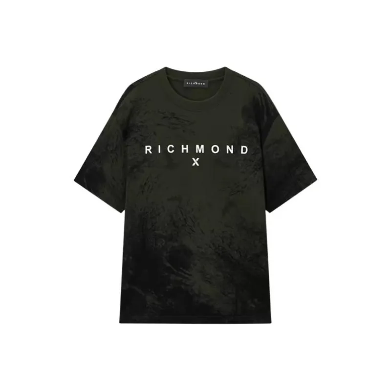 JOHN RICHMOND Color Blocking LOGO Print Ink Splatter Marbled Loose Fit Crew Neck Short Sleeved T Shirt Men's-0
