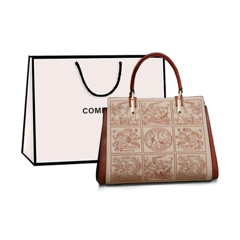 COMELY Cow Leather Mom Bag Handbag Shoulder Bag Crossbody Bag Regular Women's Beige Apricot-0