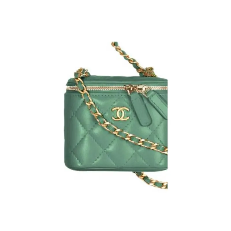 CHANEL Lambskin Chain Box Bag, One Shoulder Makeup Bag, Crossbody Bag Trumpets Women's Blue Green/Peacock Green Color-2
